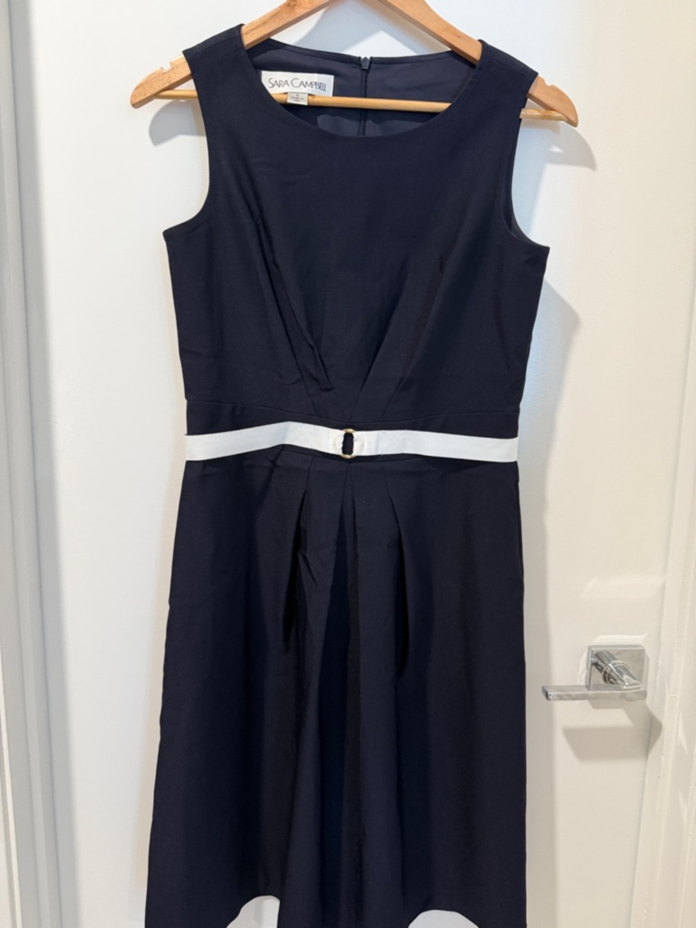 Sara Campbell Navy Midi Dress with White Waist Band. Size 2.